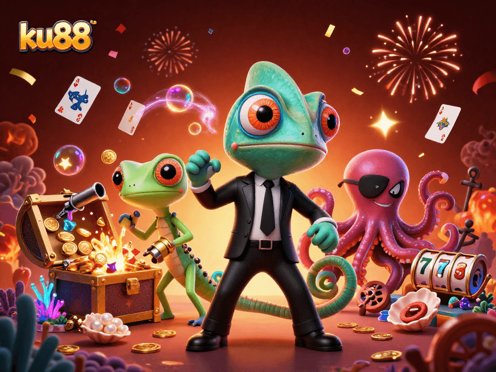 Engage with ku88's thrilling gameplay as a secret agent and companions explore vibrant casino worlds.