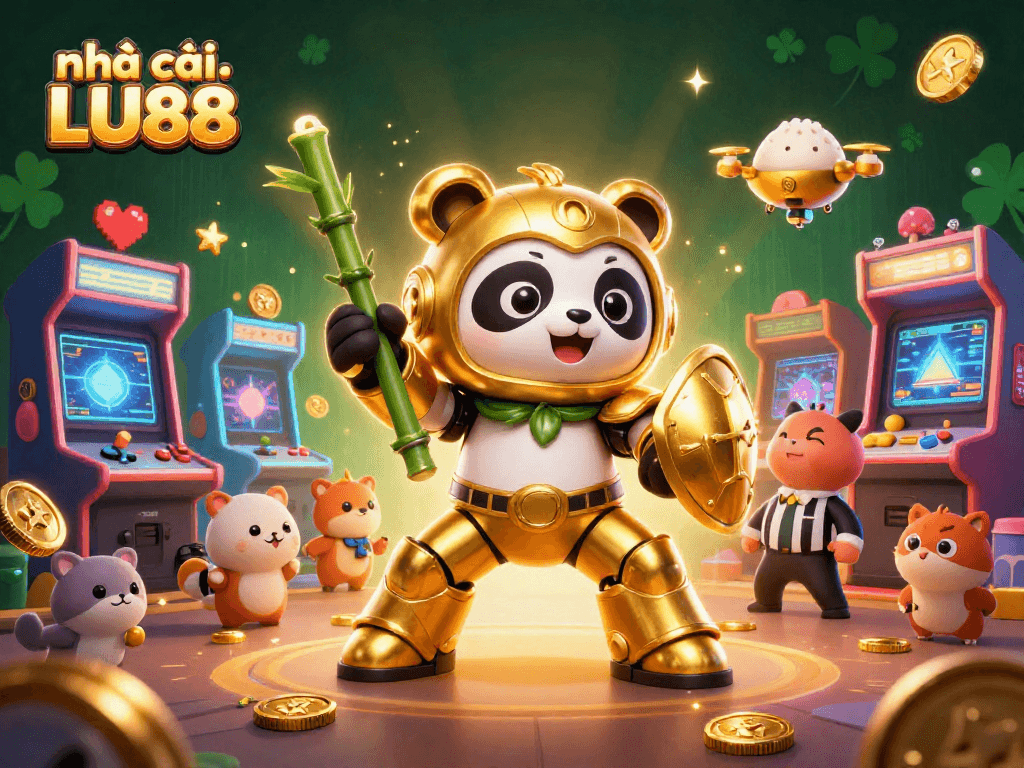 Engage with nhà cái LU88 in a dynamic casino scene featuring vibrant game elements and a golden panda pilot.