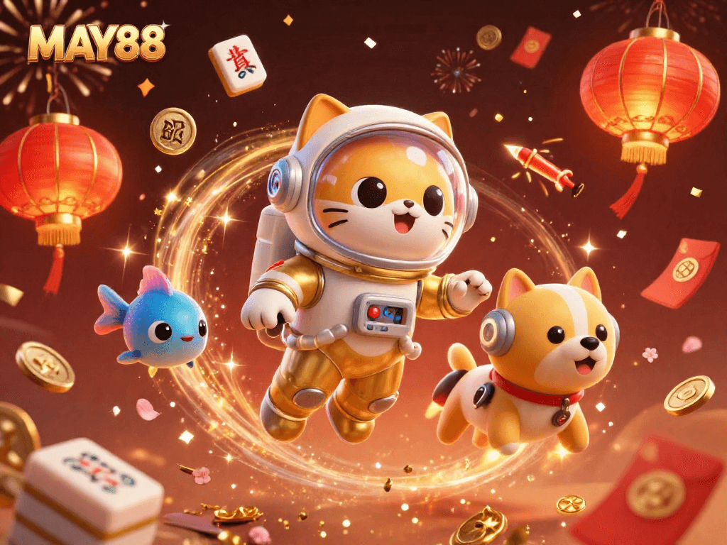 MAY88 captures excitement in a vibrant 3D scene filled with casino elements celebrating a joyful gaming atmosphere.