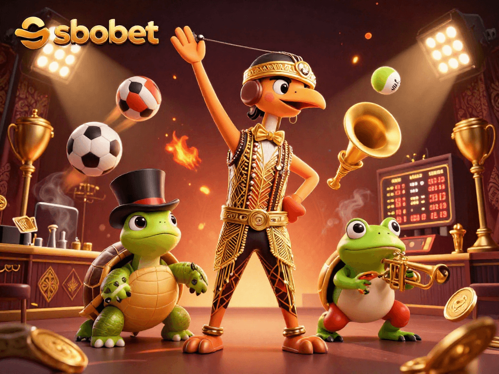 SBOBET sports betting scene with vibrant characters and dynamic elements showcasing a lively casino atmosphere.