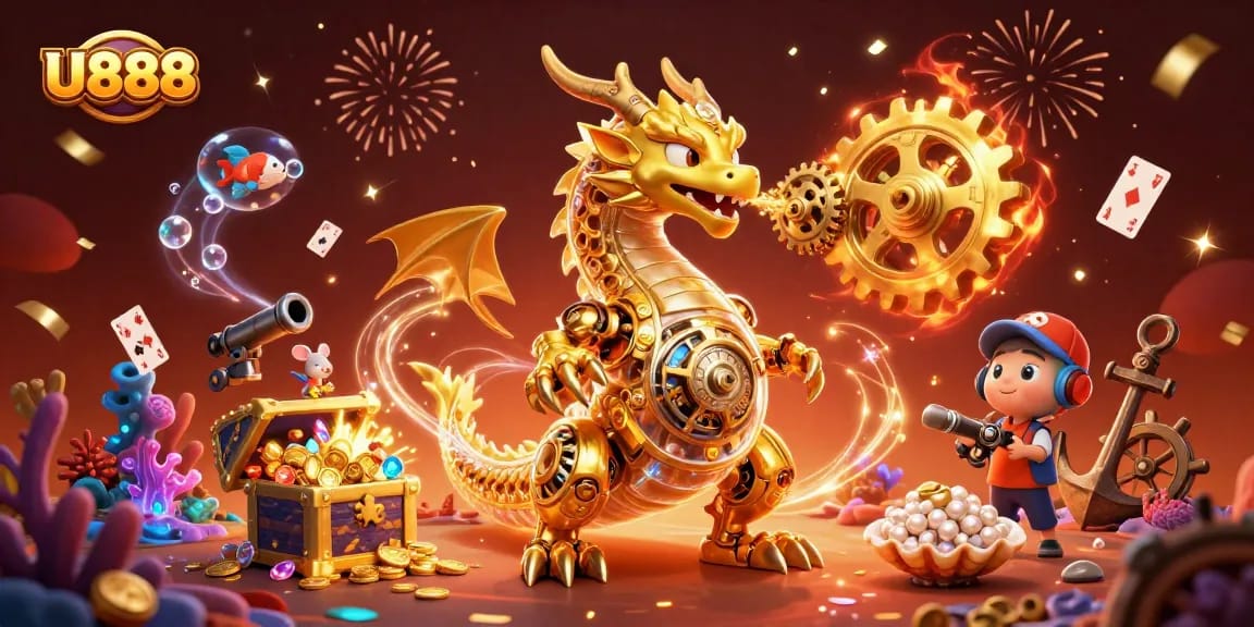 Experience exhilarating wins with U888 in a vibrant 3D casino scene bursting with excitement.