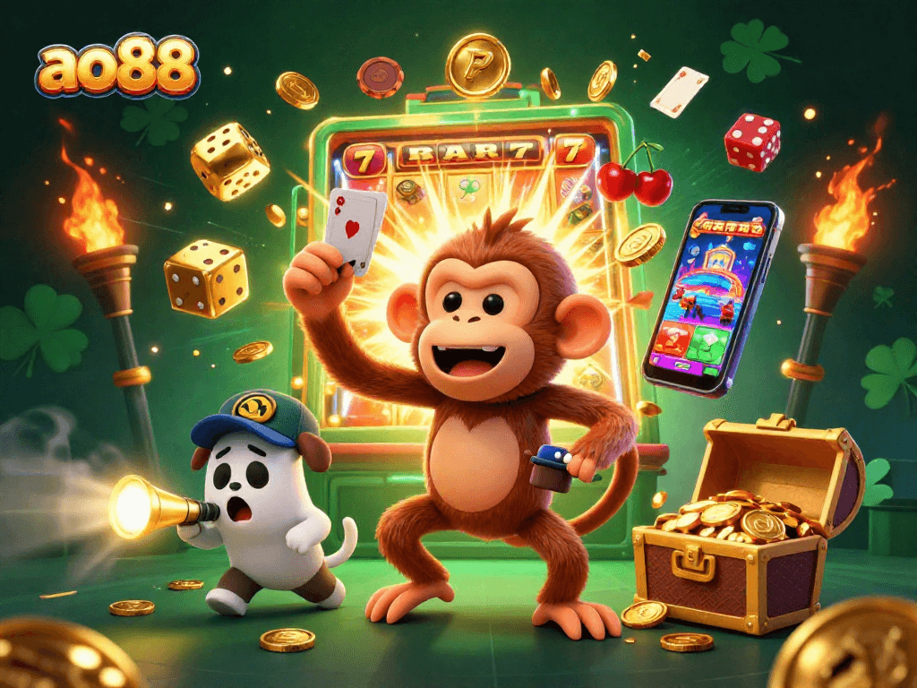 Experience the vibrant energy of ao88's casino with playful cartoon characters amidst a jackpot explosion!