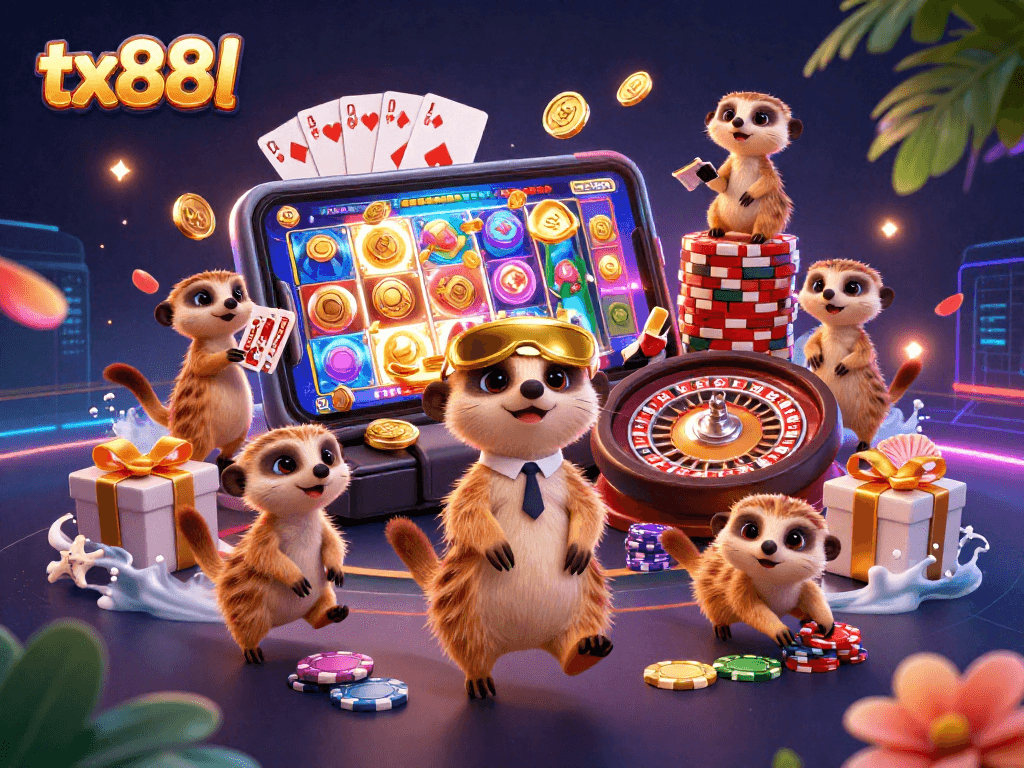 Experience engaging gameplay with tx88l in a fun 3D casino illustration featuring meerkats and vibrant slot games.