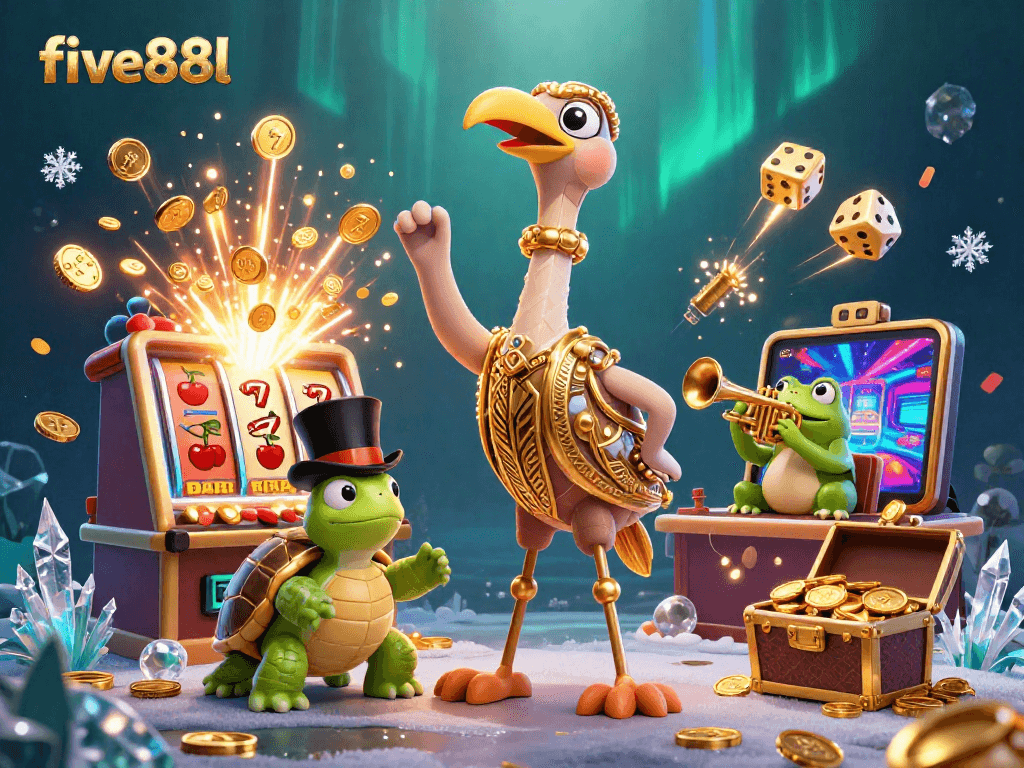Engage in thrilling gameplay with five88l, featuring vibrant 3D illustrations of casino symbols and characters.
