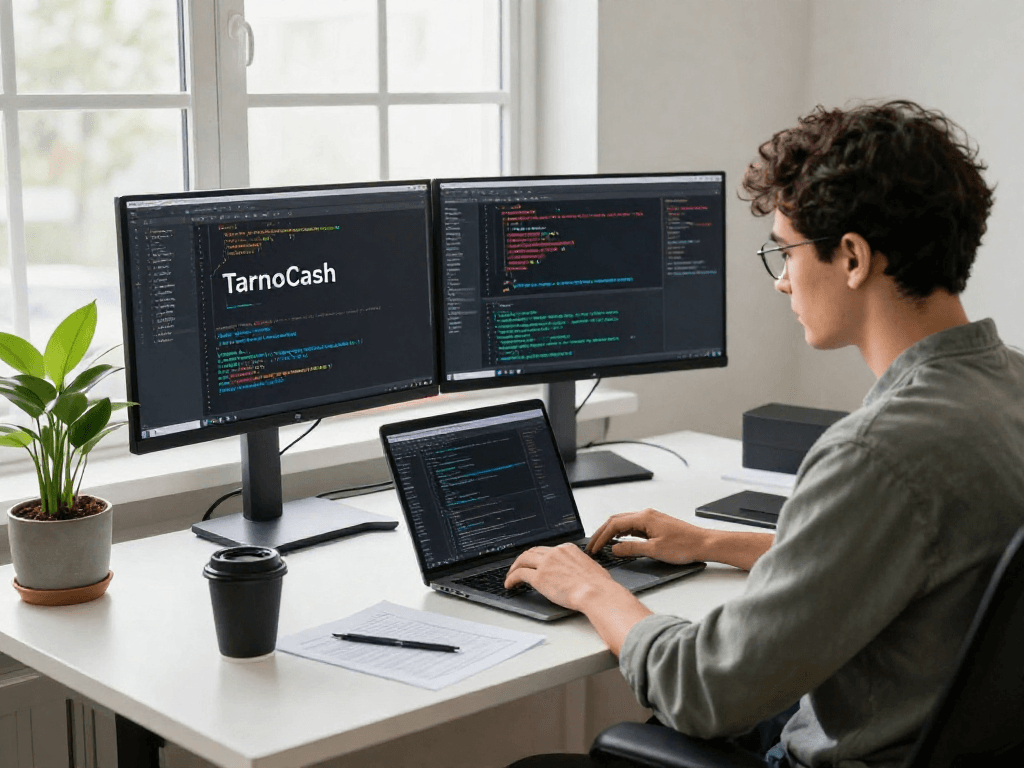 Developer working on Tornado Cash technology in a bright, modern workspace with code on dual monitors.