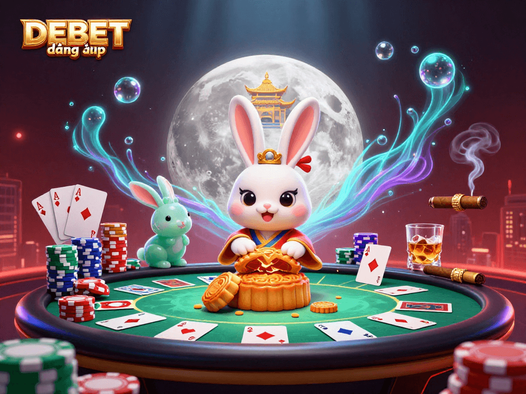 Win at DEBET đăng nhập by enjoying a vibrant casino scene with poker chips and mooncakes.