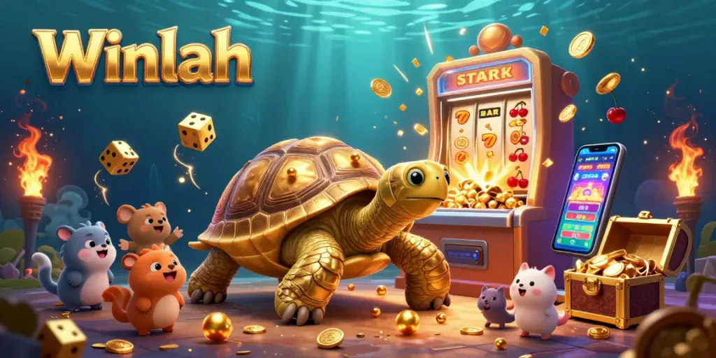 Winlah 3D casino scene with a golden tortoise and slot machine bursting with coins.