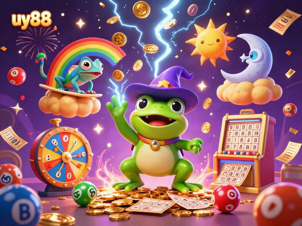 Experience the excitement of uy88 with dynamic characters and vibrant casino elements in this 3D illustration.