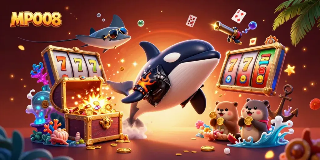 MPO08 showcases a vibrant 3D scene with casino elements, as characters catch golden coins in a dynamic jump.