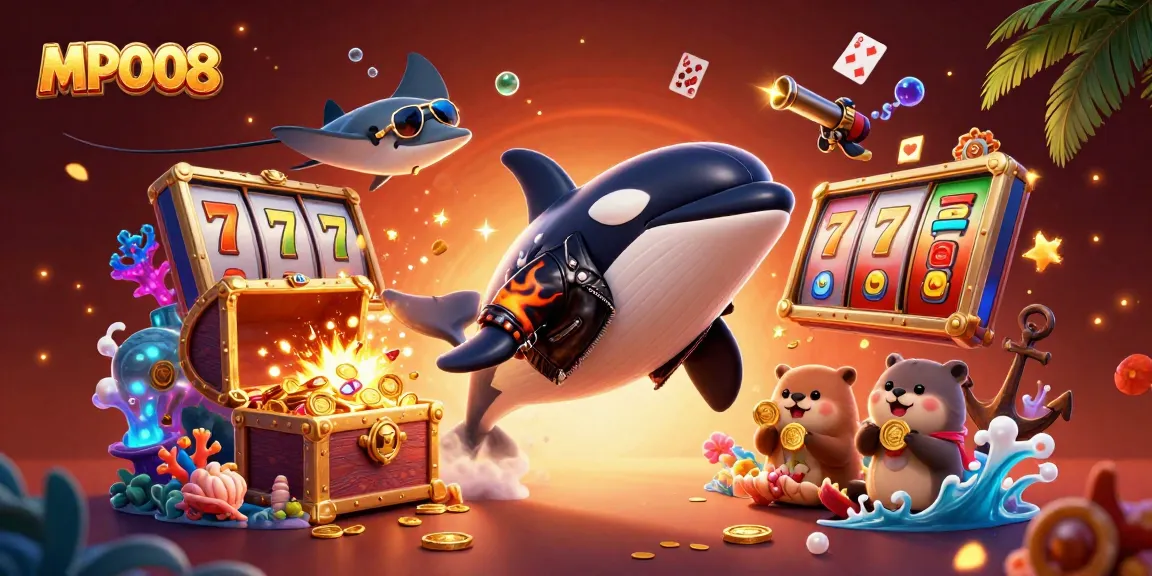 MPO08 showcases a vibrant 3D scene with casino elements, as characters catch golden coins in a dynamic jump.
