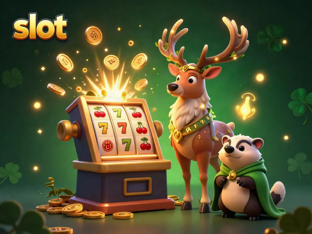 Spin the slot machine with a jackpot explosion of coins and vibrant symbols in a magical casino scene.