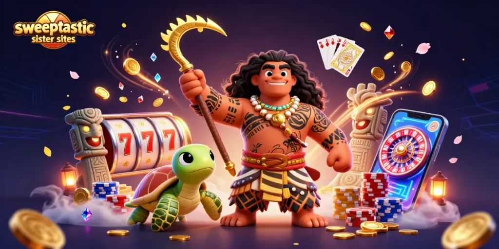 Sweeptastic sister sites featuring a dynamic scene with a demigod hawk and sparkling casino elements.