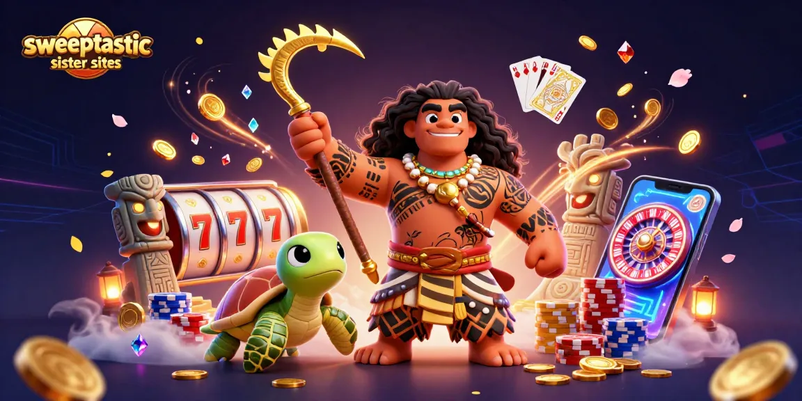 Sweeptastic sister sites featuring a dynamic scene with a demigod hawk and sparkling casino elements.