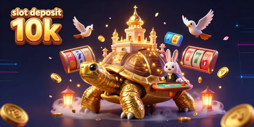 Slot deposit 10k visualizing a vibrant casino scene with golden tortoise, rabbit dealer, and slot reels.
