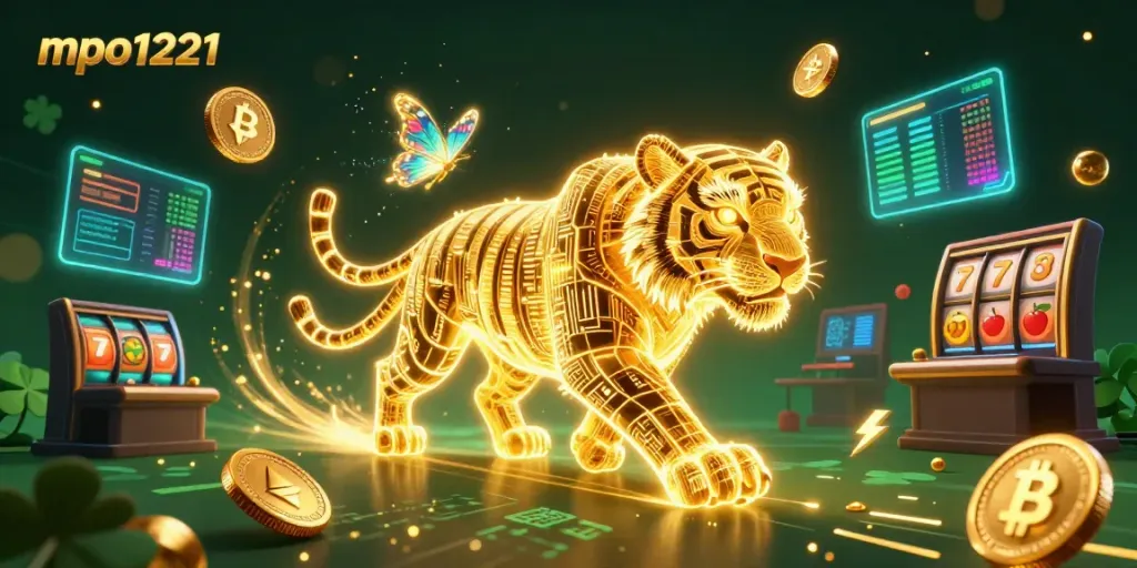 Experience the thrilling world of mpo1221 with a neon-wireframe tiger and dazzling casino elements.