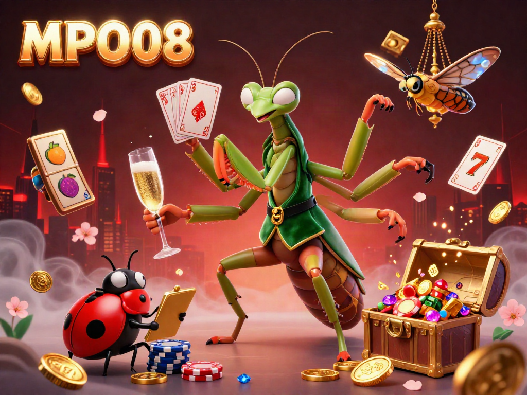 Experience the thrill of MPO08 with vibrant casino elements, lucky symbols, and lively characters amidst a magical setting.
