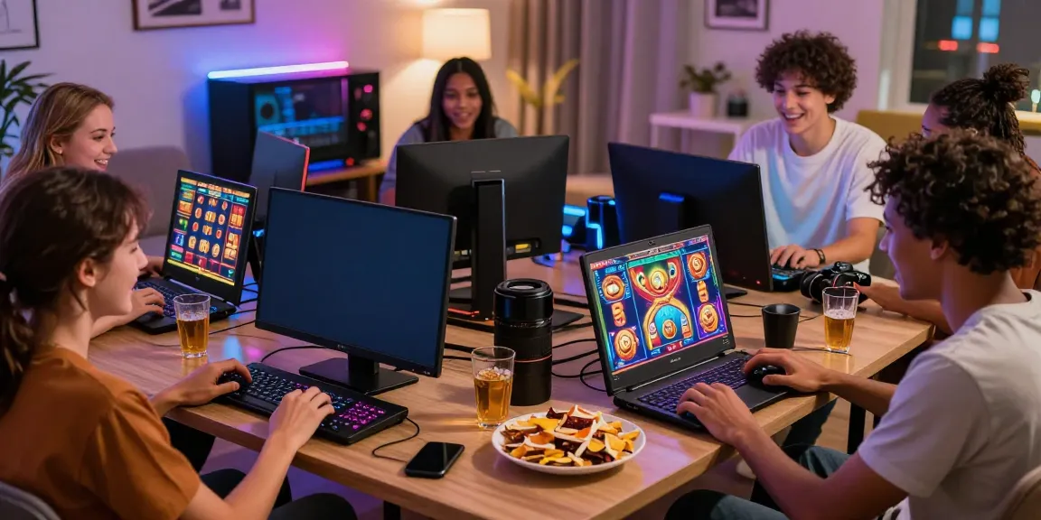 Friends enjoying link slot777 games together in a vibrant living room setting.