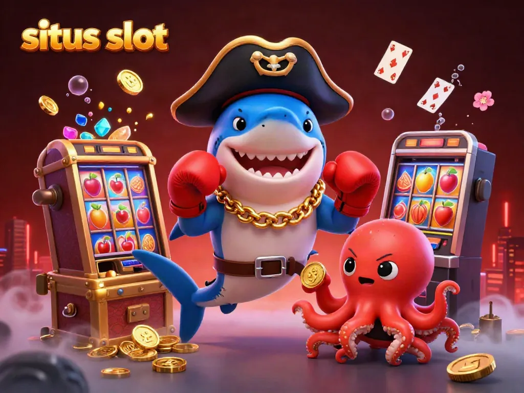 Engaging cartoon scene illustrating situs slot with interactive characters and slot machines, showcasing dynamic gaming elements.