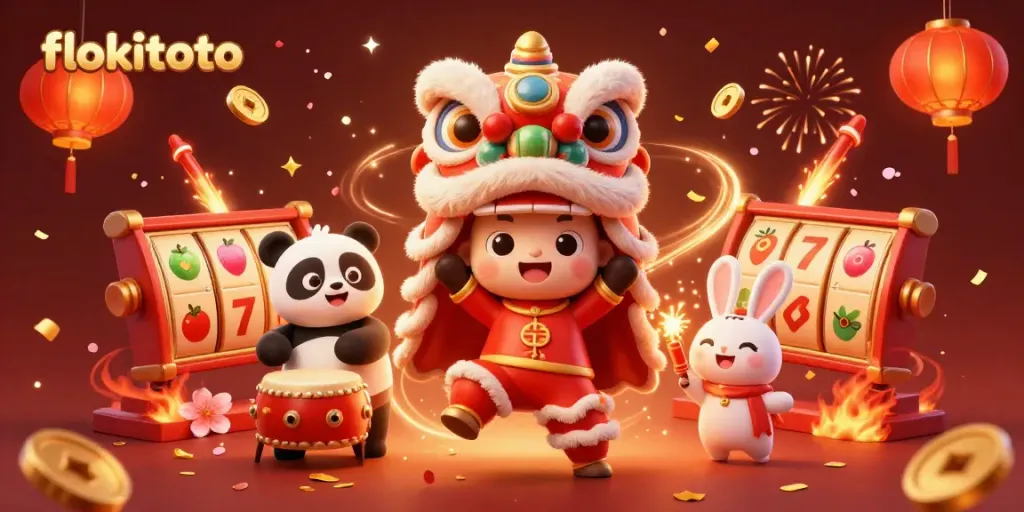 Experience the thrill of flokitoto with vibrant characters celebrating amidst spinning slot reels and festive decor.