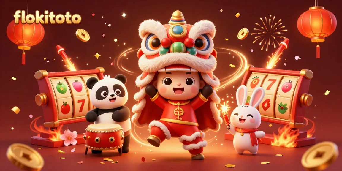 Experience the thrill of flokitoto with vibrant characters celebrating amidst spinning slot reels and festive decor.