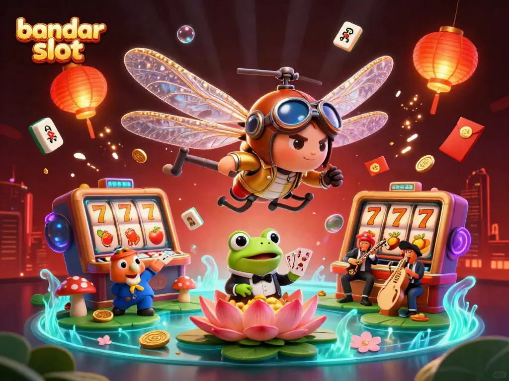 Experience thrilling gameplay at bandar slot with a lively dragonfly pilot and frog dealer beneath a vibrant casino scene.