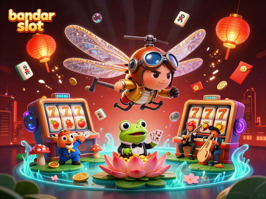 Experience thrilling gameplay at bandar slot with a lively dragonfly pilot and frog dealer beneath a vibrant casino scene.