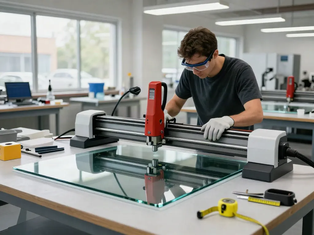 Technician using a glass cutting machine in a modern workshop.