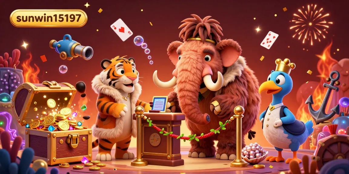Experience vibrant casino energy with sunwin15197 as a mammoth bouncer checks IDs amidst gold coins and festive elements.