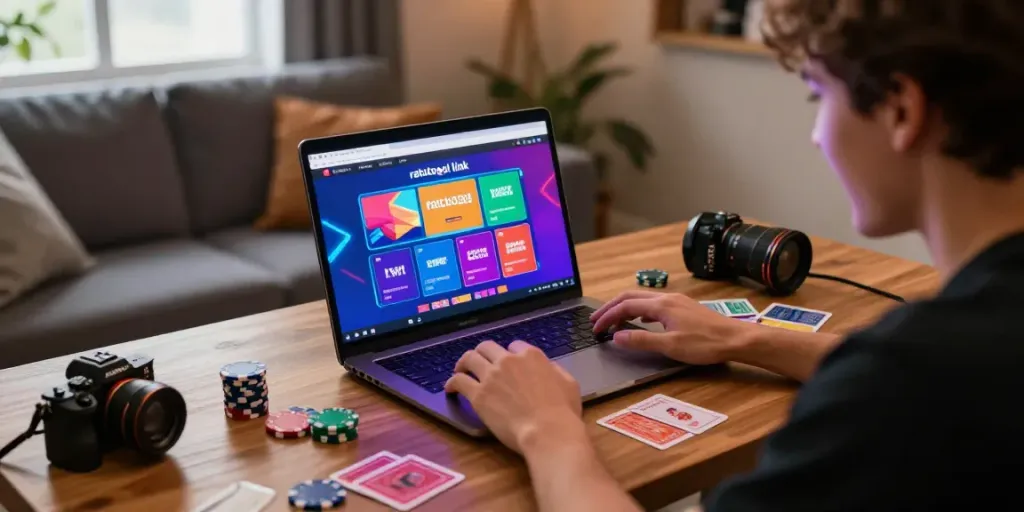 Pengguna sedang bermain game online dengan "ratutogel link" terbuka di laptop, suasana hangat dan menarik.