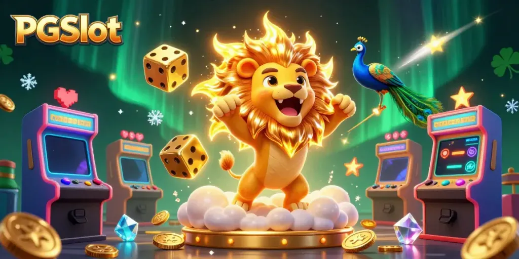 Experience excitement with PGSlot's roaring lion and golden dice in a vibrant casino scene.