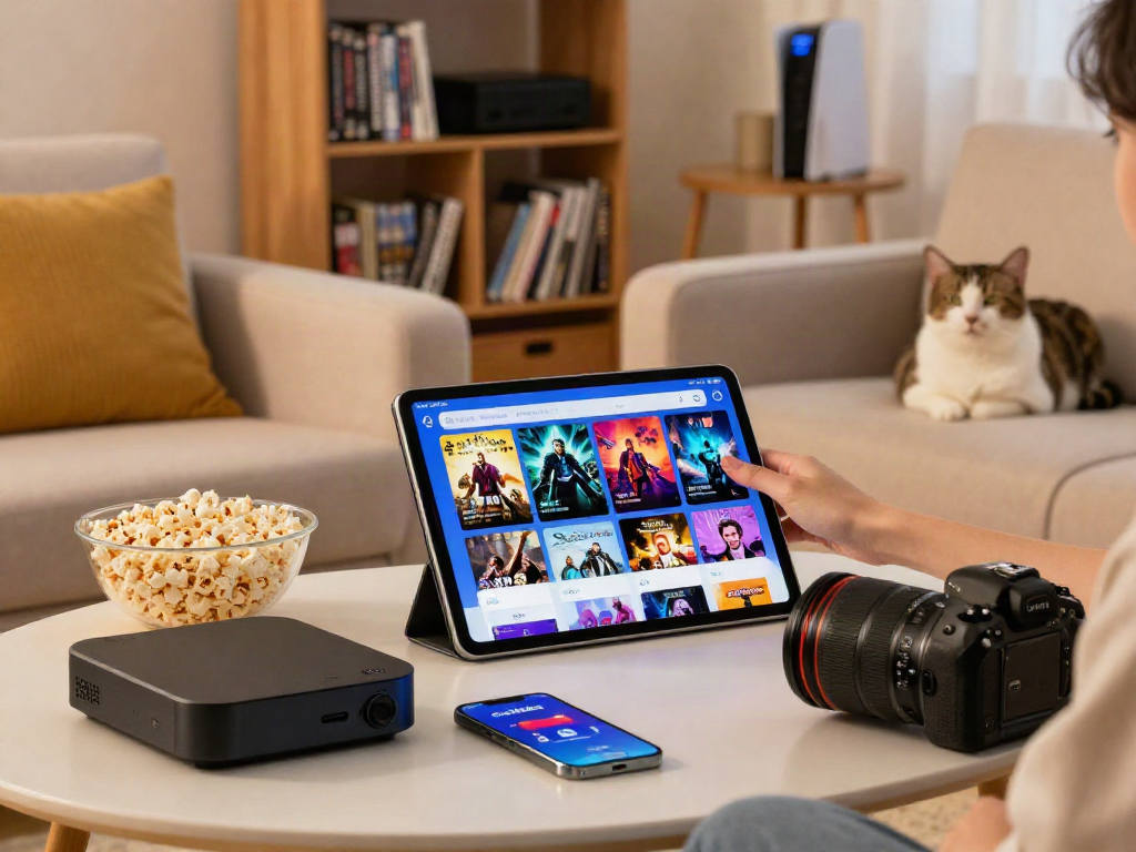 Engaging user viewing Pikashow apk on tablet in cozy living room