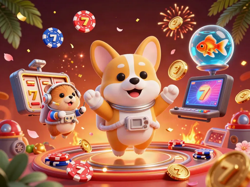 Engage with bro138's thrilling space casino adventure featuring a corgi, hamster, and goldfish floating among dazzling slot reels.