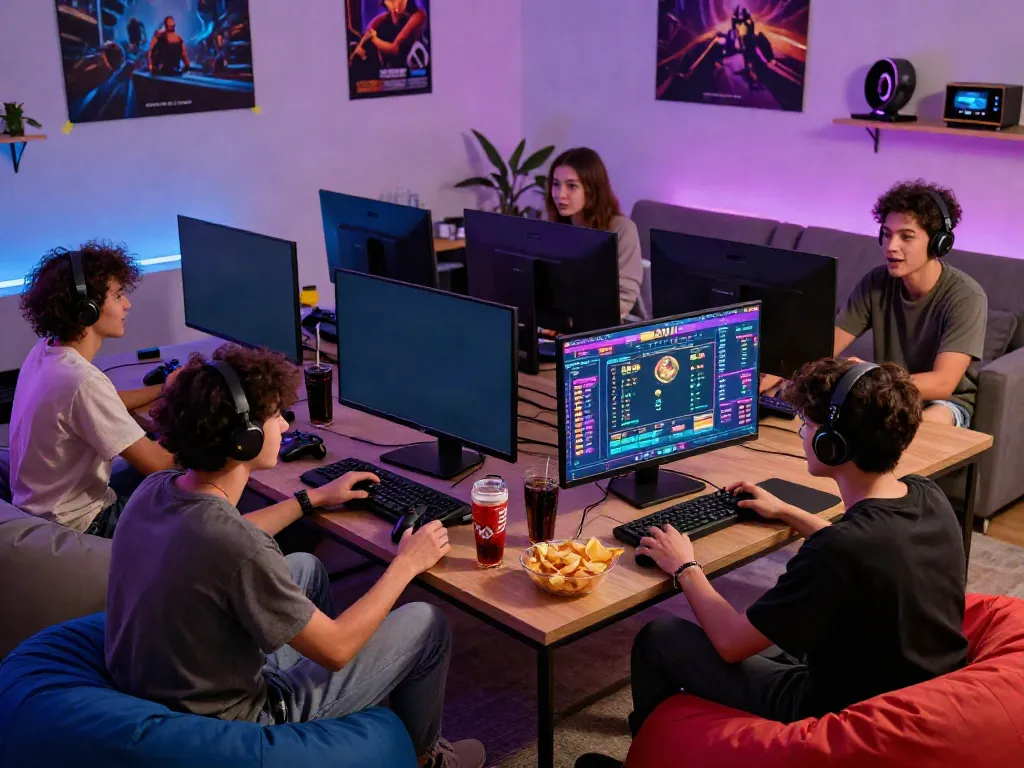 Group enjoying togel online game in a lively living room setup with colorful displays and snacks.