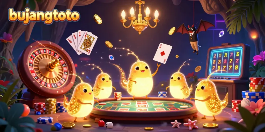Experience the excitement of bujangtoto with glowworms lighting a vibrant casino scene filled with golden coins and cards.