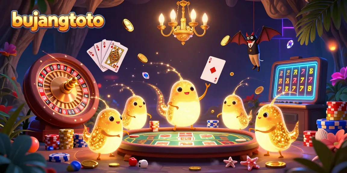 Experience the excitement of bujangtoto with glowworms lighting a vibrant casino scene filled with golden coins and cards.