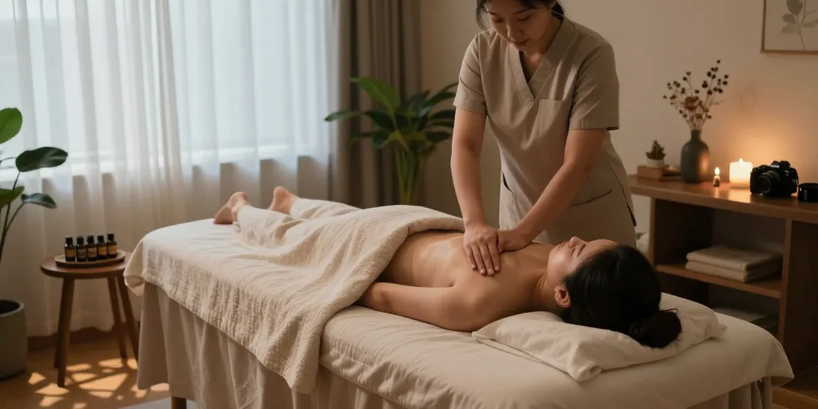 Relaxing 강동구출장마사지 session in a serene wellness studio with soothing decor and essential oils.