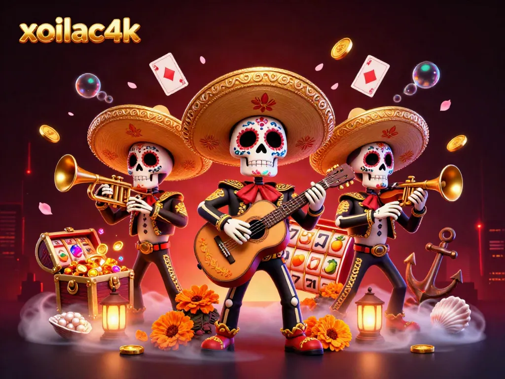 Experience excitement at xoilac4k with a lively mariachi band amidst slot machines and treasure.