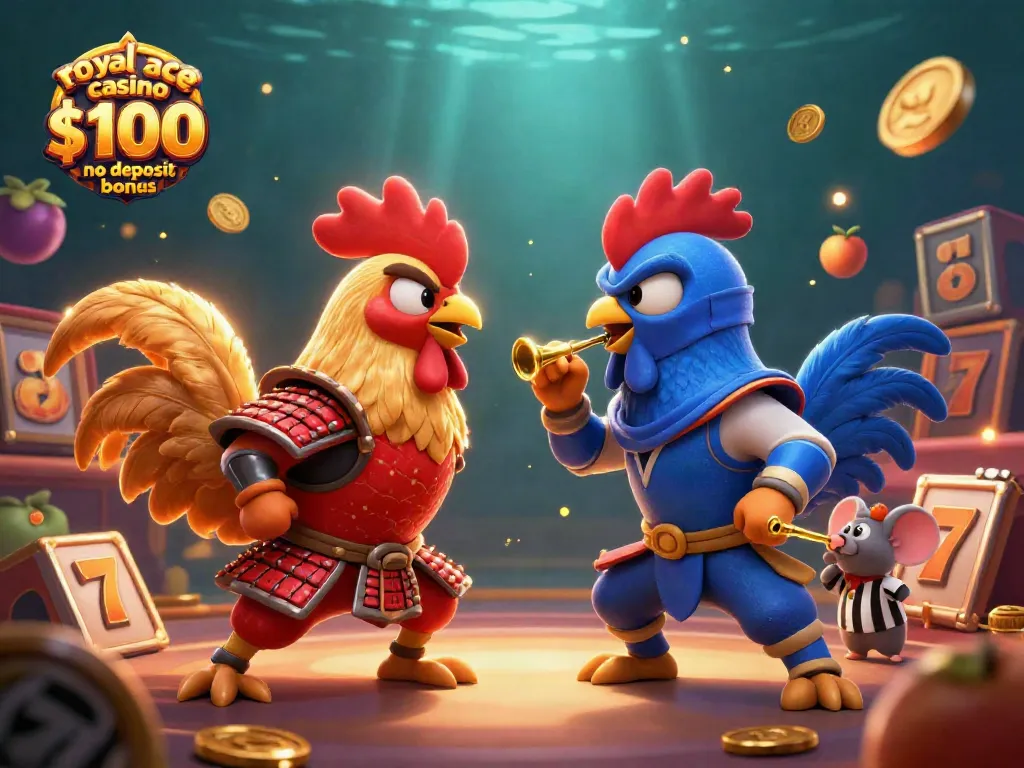 Engage with royal ace casino $100 no deposit bonus during a thrilling slot battle featuring dramatic cartoon roosters.