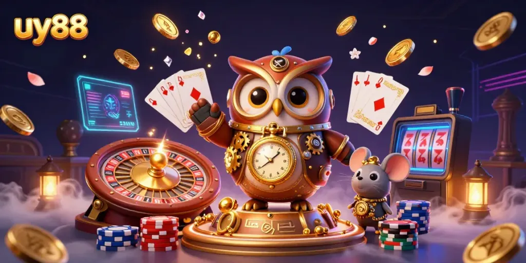 Spin the reels and explore the vibrant world of uy88 with 3D characters and casino elements.