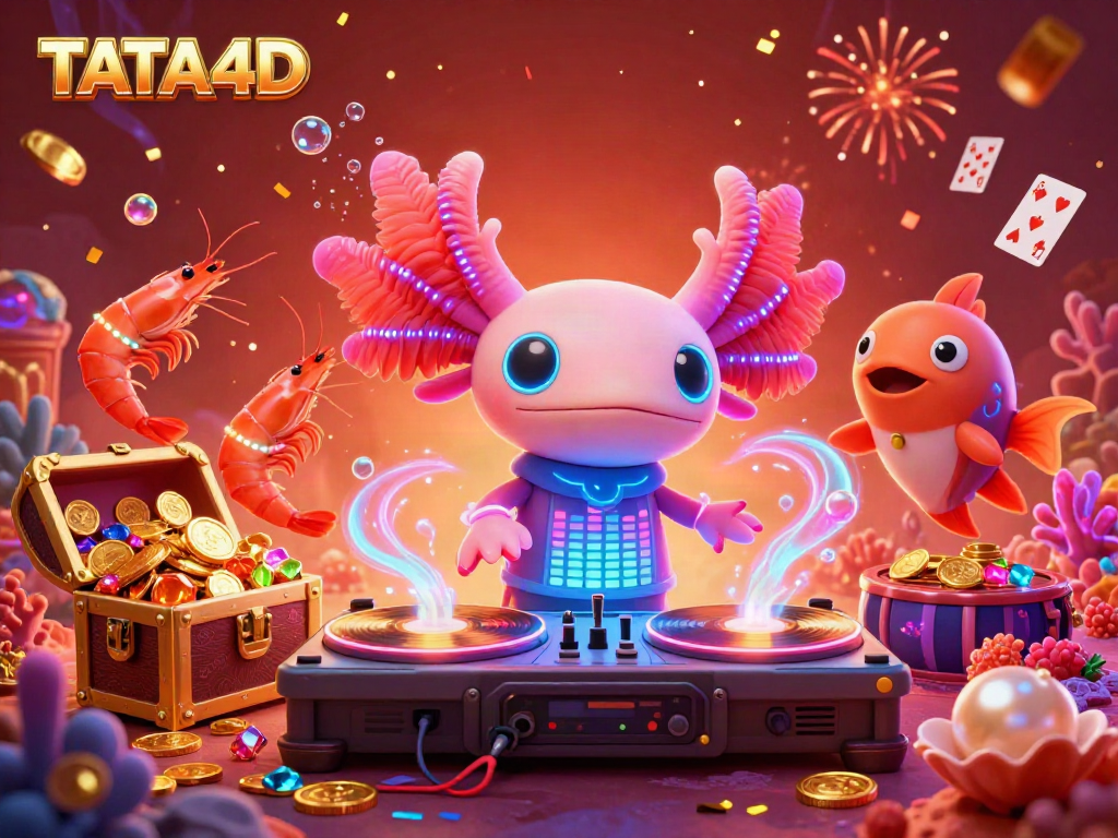 TATA4D interactive gaming scene featuring a neon axolotl DJ and vibrant casino-themed underwater elements.