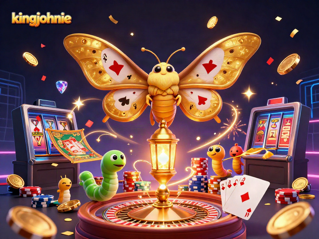 Experience the thrill at kingjohnnie with a golden moth, coins, and casino elements celebrating wins.