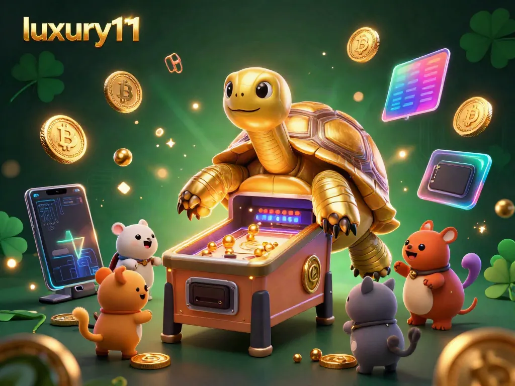 Play exciting slots with luxury111, a golden tortoise pinball machine surrounded by crypto coins.