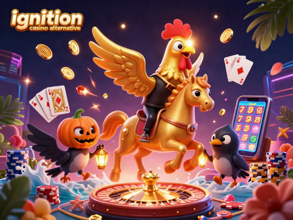 Spinning roulette and poker chips illustrate ignition casino alternative in vibrant casino scene.