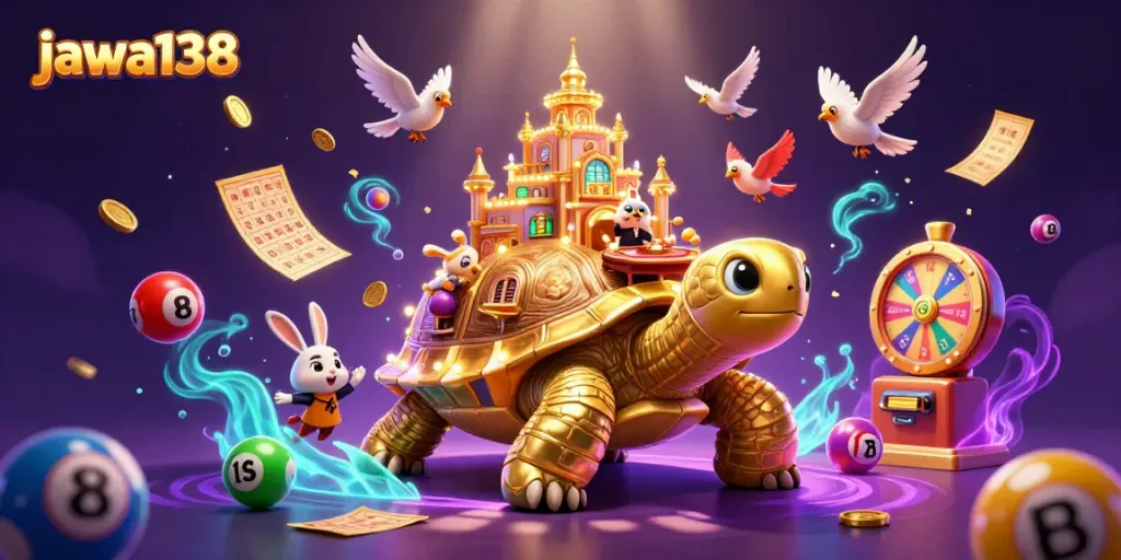 Experience the excitement of jawa138 with a vibrant casino scene featuring a golden tortoise and dynamic game elements.