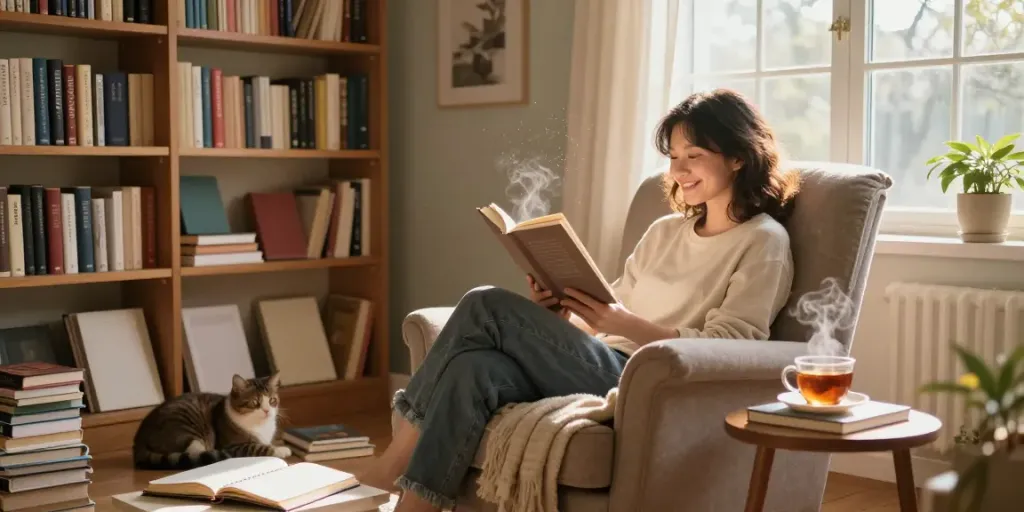 A cozy home library scene illustrating a fantastic read experience filled with diverse books and warm light.