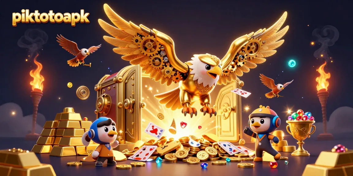 Immerse in the world of piktotoapk with a cybernetic eagle soaring through holographic cards.