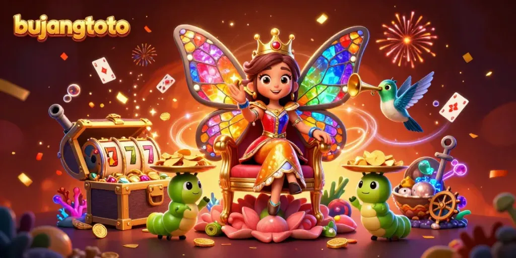 Experience the vibrant gaming world of bujangtoto with a majestic butterfly queen and rich casino elements.