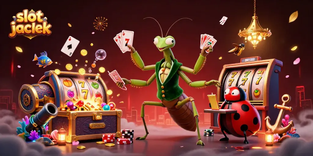 Slot jackpot dinamis dengan karakter kartun dan simbol permainan slot yang memikat.