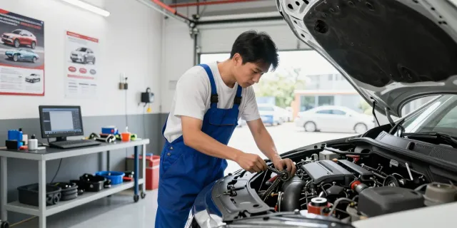 Mechaniker beim Steuerkettenwechsel in Hannover in einer gut ausgestatteten Werkstatt.