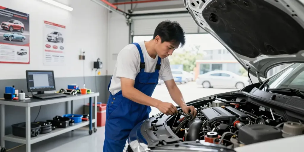Mechaniker beim Steuerkettenwechsel in Hannover in einer gut ausgestatteten Werkstatt.